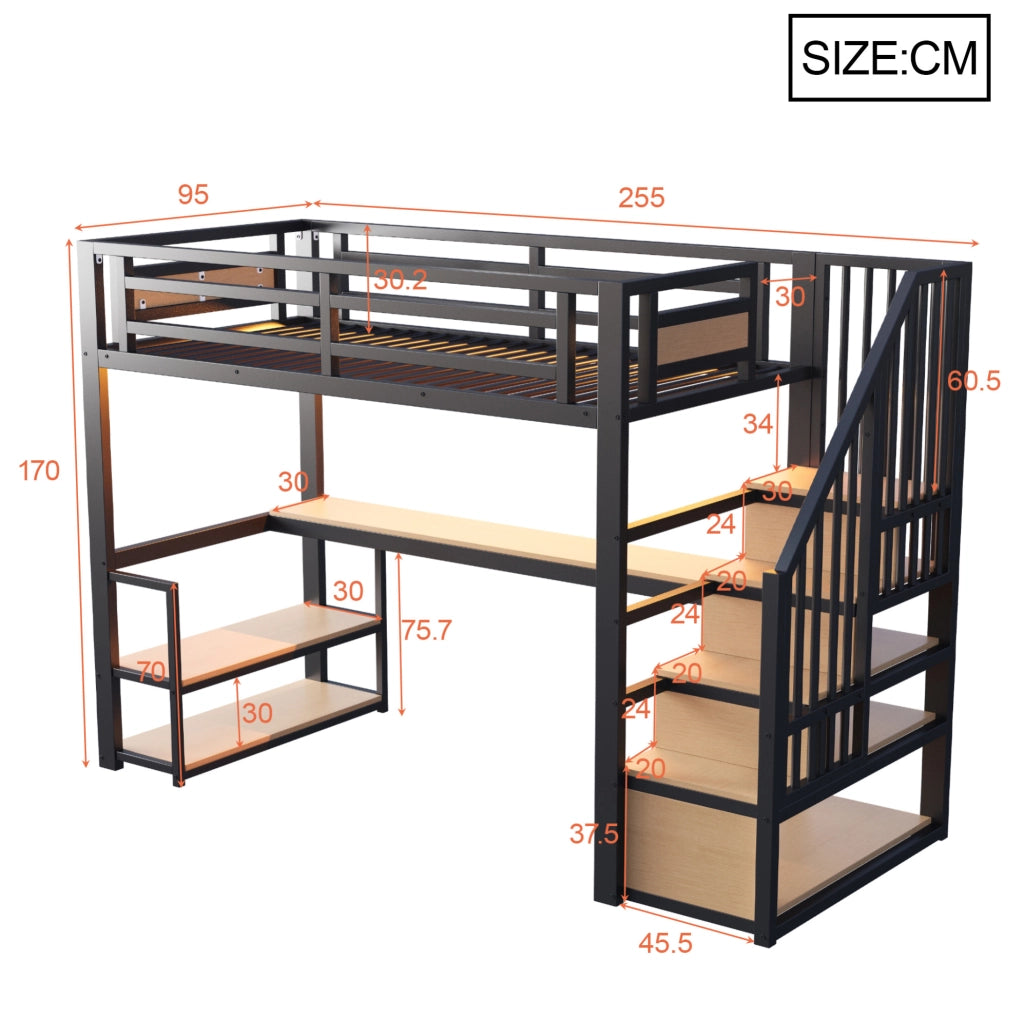 Letto a soppalco 90x200 cm con scrivania; ripiani e scala contenitore in metallo nero