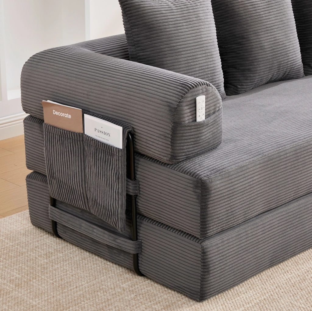 Divano modulare ULEVR 200x94x67 cm in velluto a coste grigio scuro con 3 cuscini e tasca laterale