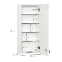kleankin Armadietto Medicinali a Muro con Serratura, 5 Ripiani e Mensole Regolabili, in Legno e Vetro, Bianco, 30x20x70cm