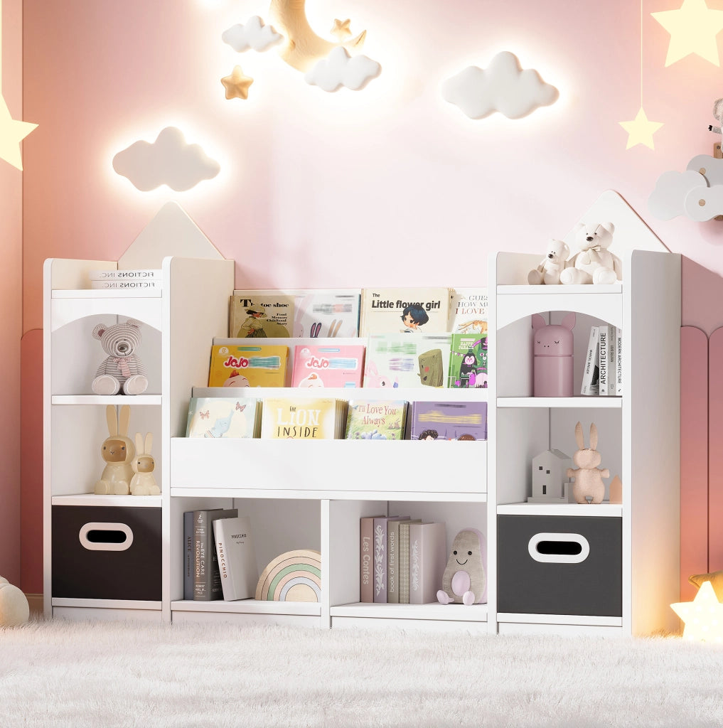 Libreria contenitore per bambini bianca con 2 box pieghevoli