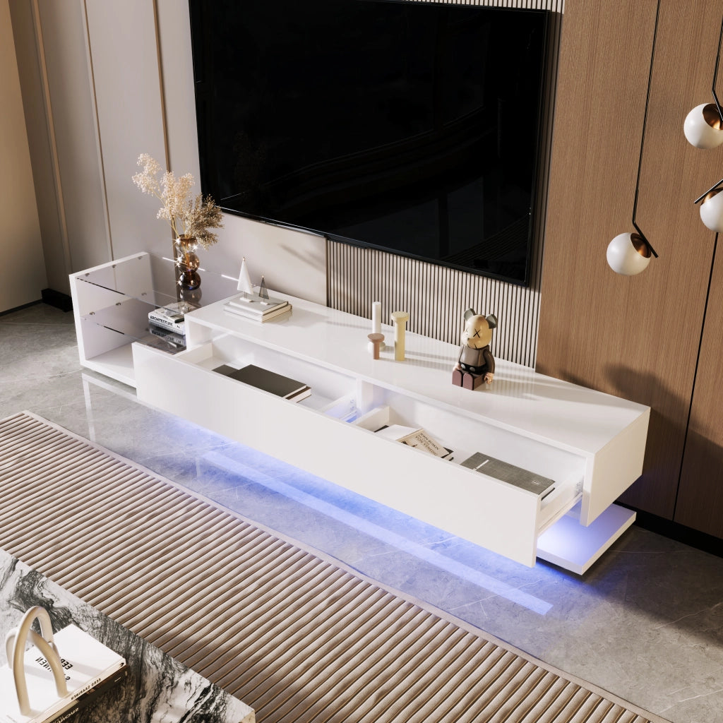 Mobile TV con 2 Cassetti e 2 Ripiani in Vetro con LED per Soggiorno in Truciolare 170×36×38 cm Bianco