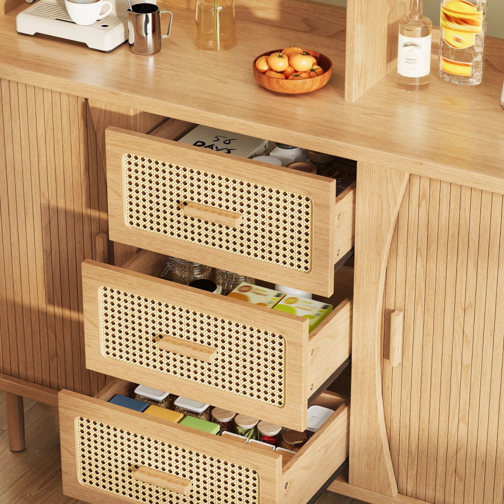 Credenza da cucina con 3 cassetti e ante scorrevoli in vetro - 140×40.5×174.5 cm - wood