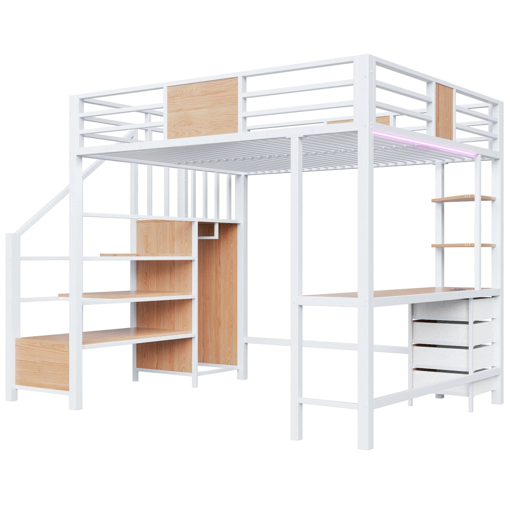 LETTO a soppalco 140x200 cm in metallo bianco con scrivania e ripiani