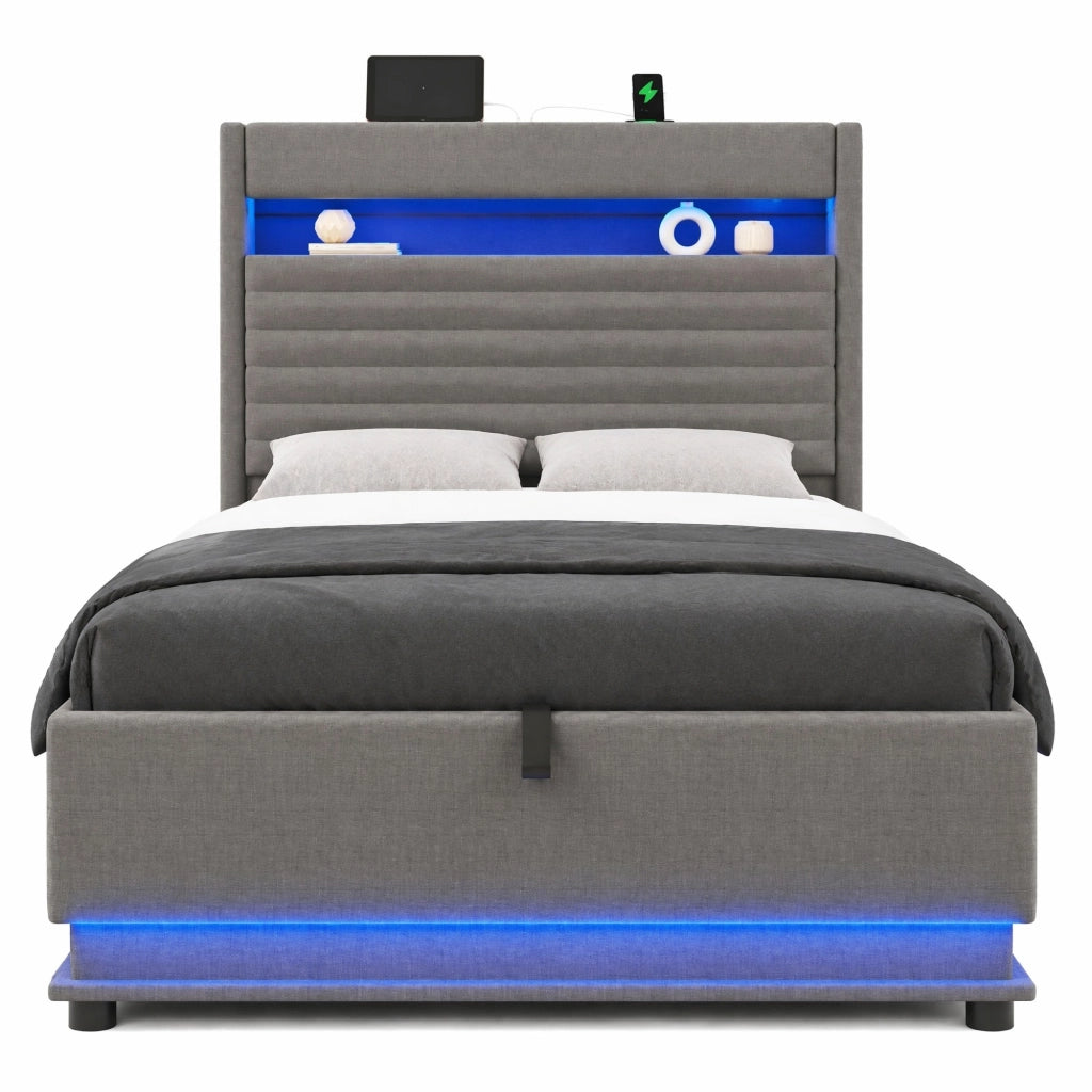 Letto imbottito 90x200 cm in lino grigio con contenitore idraulico; LED e porte USB