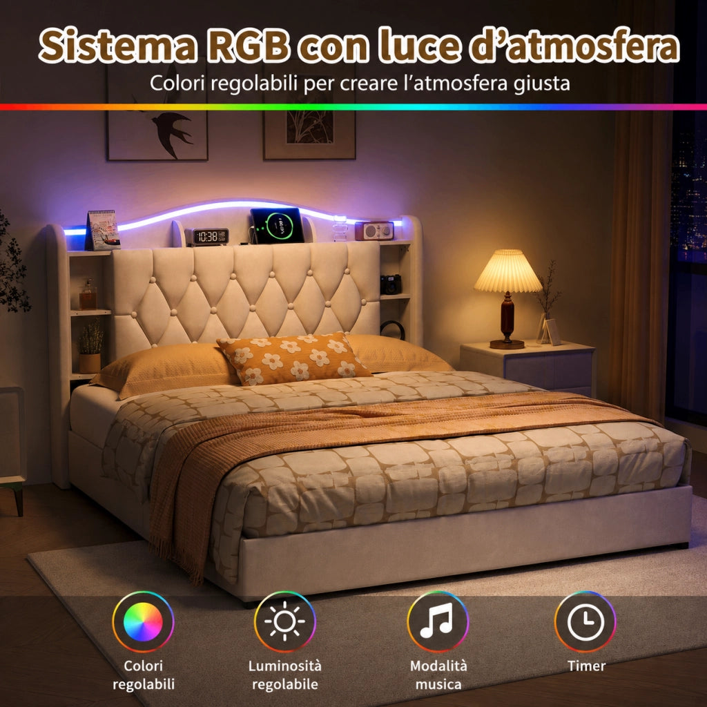 Letto a molle a sollevamento idraulico, testiera velluto beige, con luci LED RGB, stazioni di ricarica USB e wireless, scomparti porta oggetti, 160x190 cm