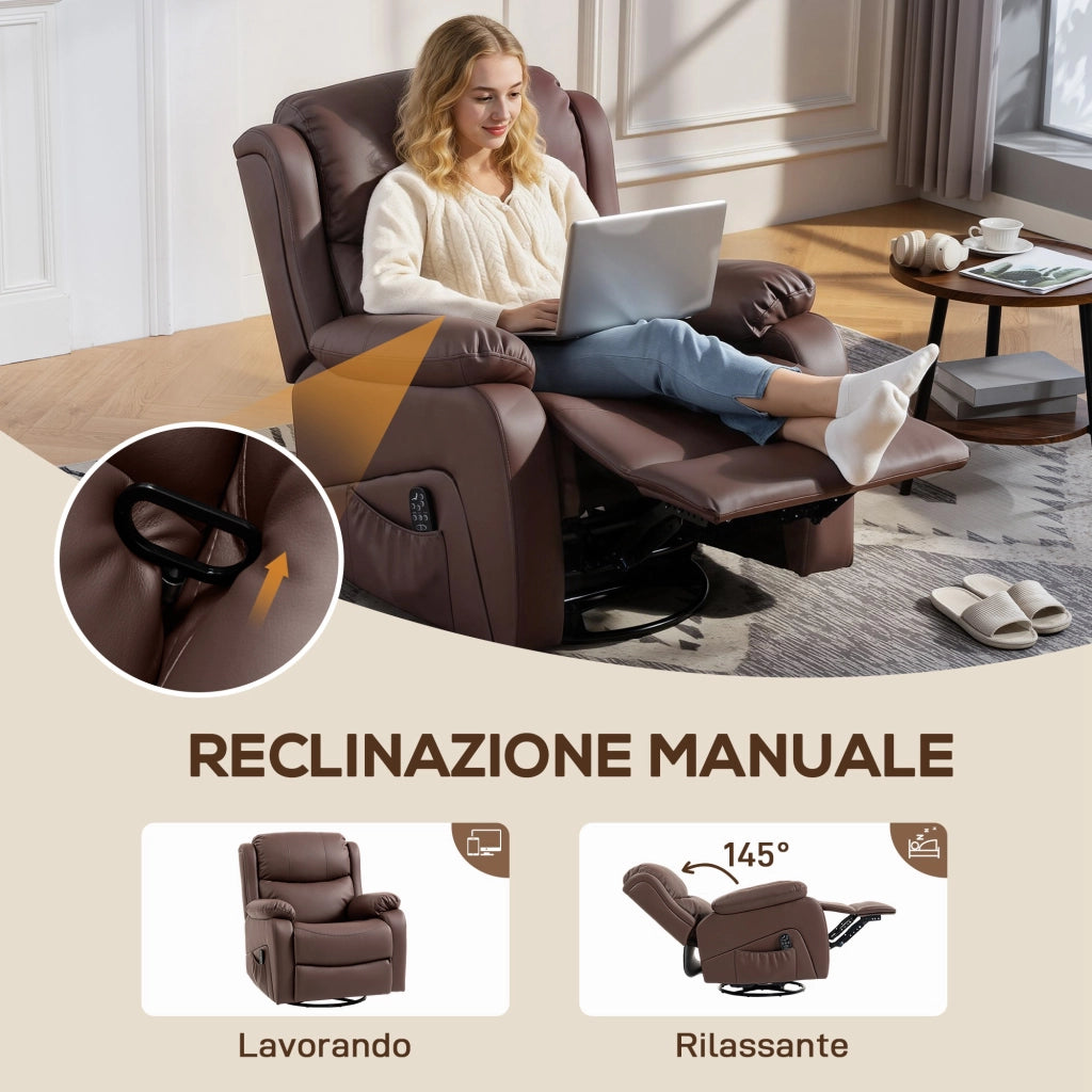 Poltrona Relax Reclinabile 87x97X100 cm con 8 Punti Massaggianti Riscaldanti e Poggiapiedi Marrone