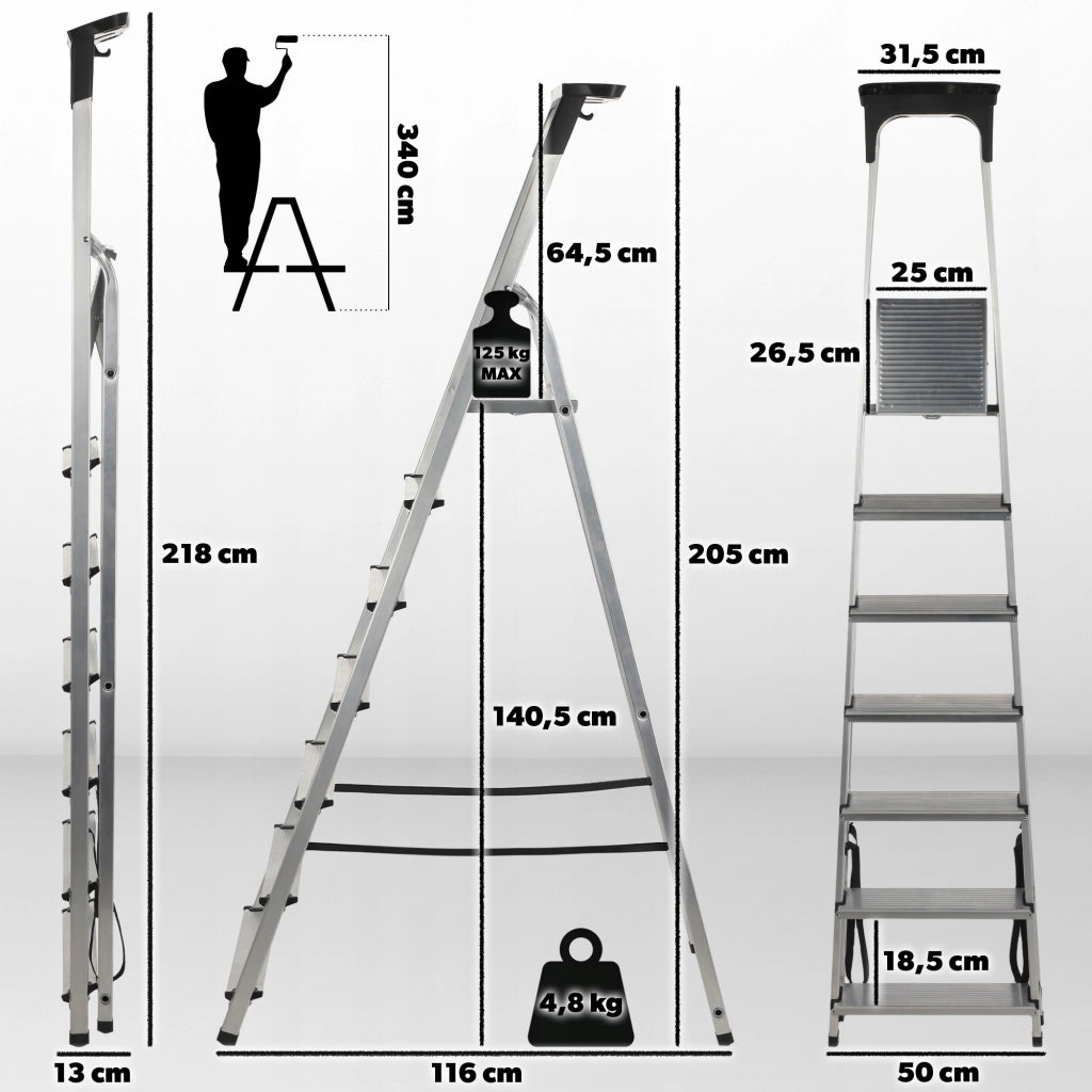 Scala domestica in alluminio KADAX a 7 gradini pieghevole con ripiano, portata massima 125 kg, prodotto polacco.