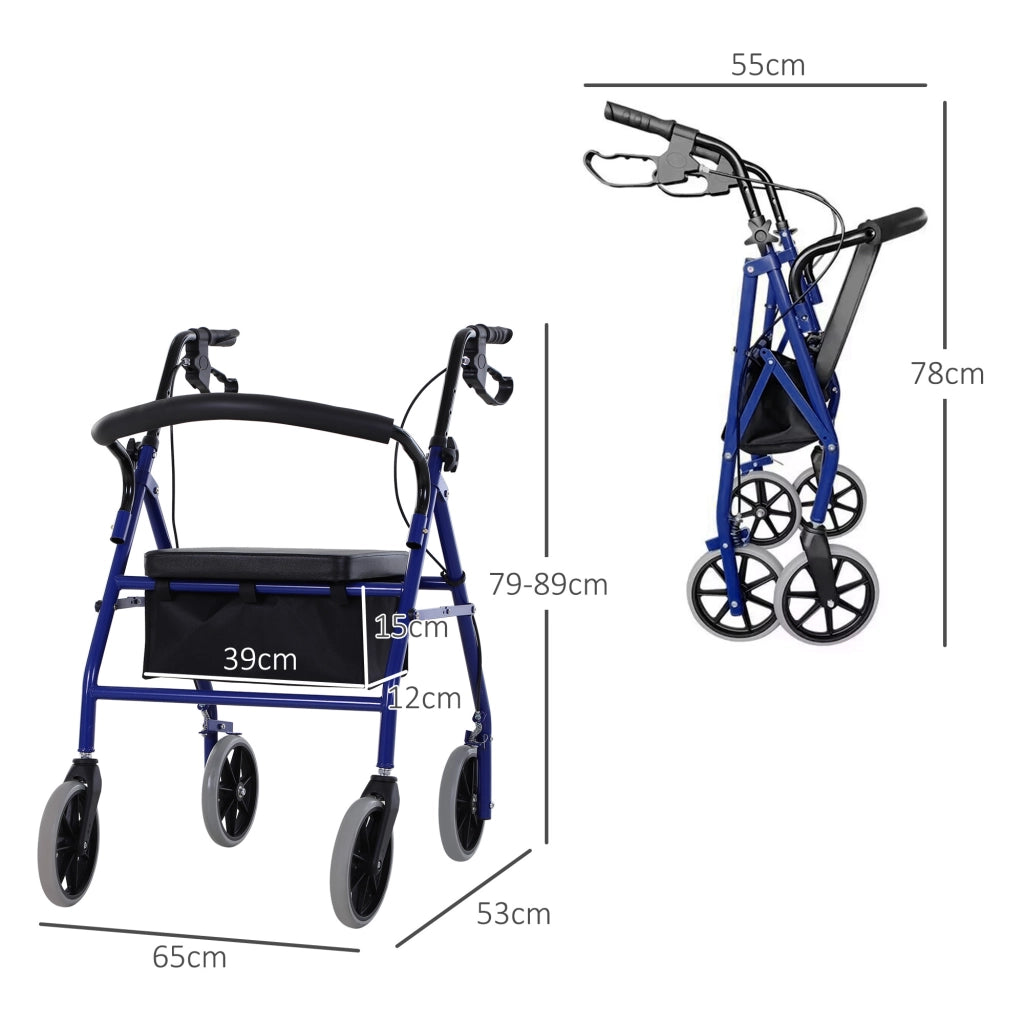 Deambulatore Pieghevole per Adulti ¨C Xylo ¨C con Sedile, Freni e Cestino Portaoggetti 65x53x79-89 cm Blu e Nero