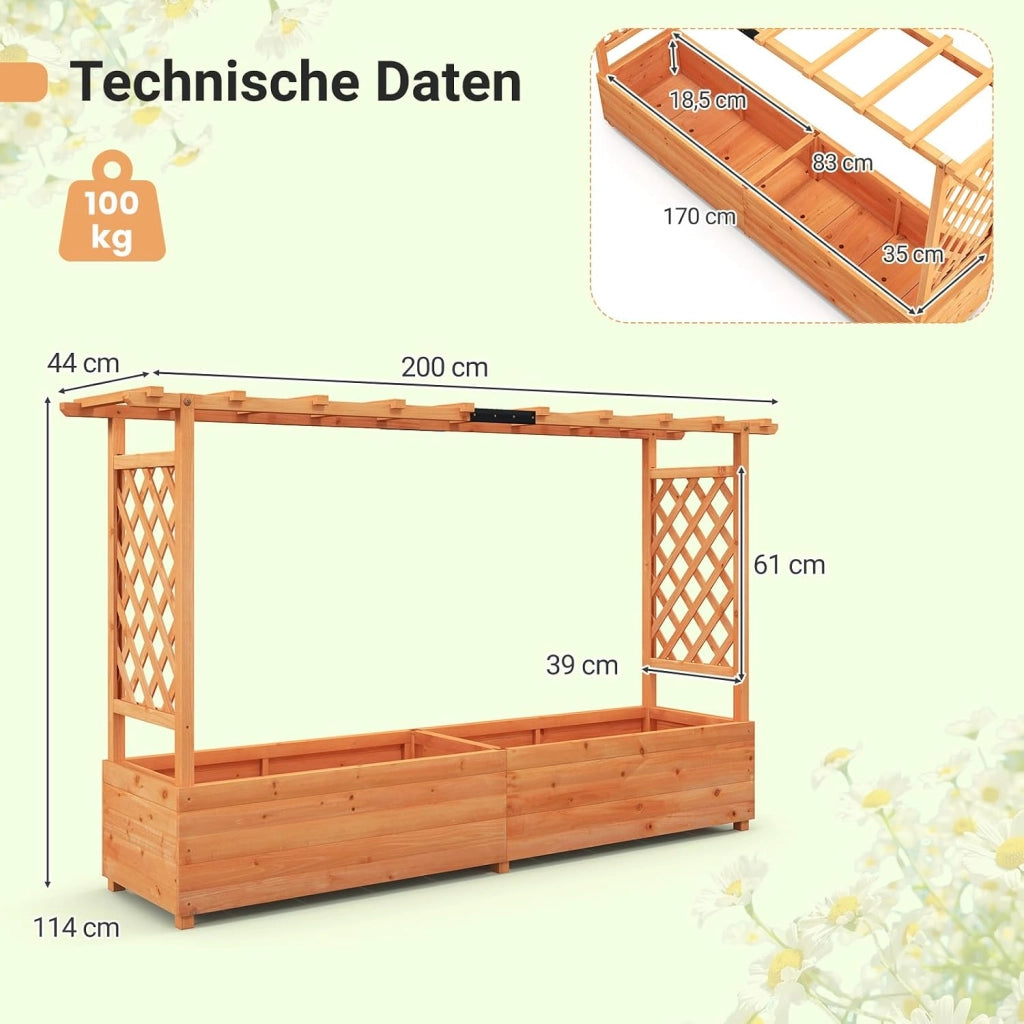 Fioriera rialzata con traliccio, 200 x 44 x 114 cm, fioriera con traliccio e tetto, aiuola rialzata per giardino, balcone, legno, per fiori, piante rampicanti e cesti sospesi, arancione