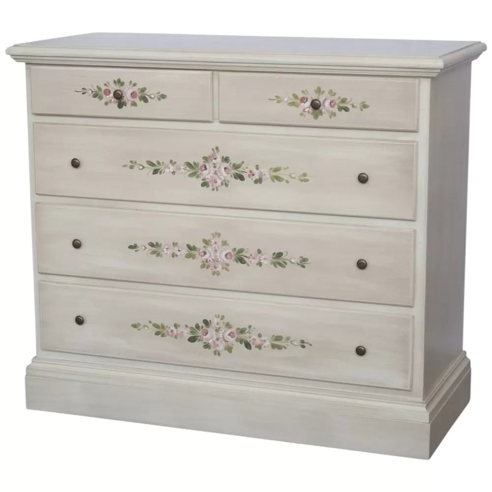 Cassettiera 5 cassetti legno shabby bianco anticato decori 117x51x101 - Mobili 2G