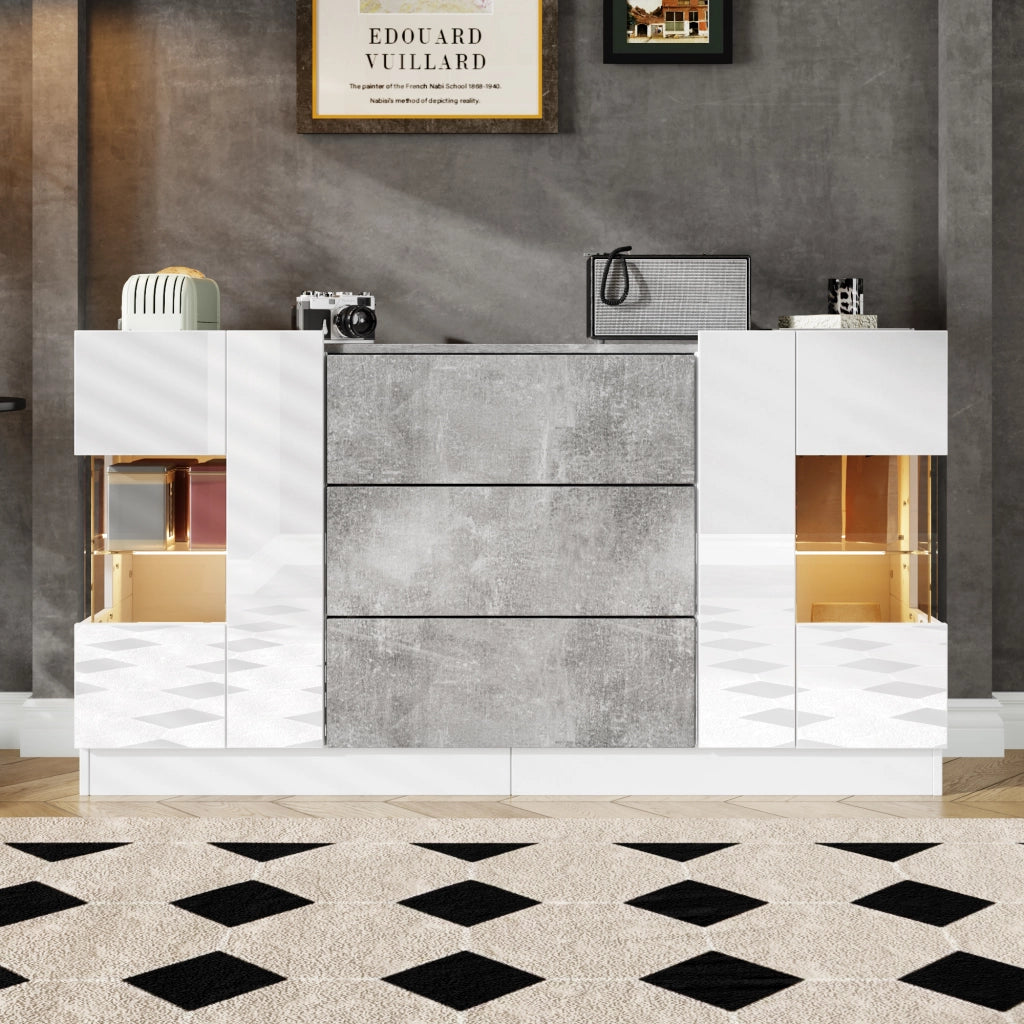 OKWISH Credenza con 2 Ante e 3 Cassetti, LED, per Soggiorno o Sala da Pranzo, MDF e Vetro, Bianco Marmo, 140×35×75 cm