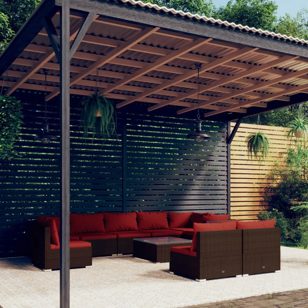 Set Divani da Giardino 10 pz con Cuscini in Polyrattan Marrone 3102571