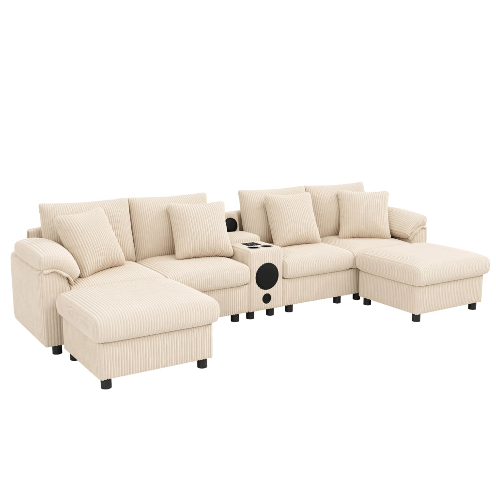 Divano modulare U/L in velluto a coste beige con console Bluetooth; ricarica wireless; USB e Type-C