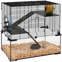 Gabbia per Criceti a 3 Livelli con Ruota, Rampe e Fondo Rimovibile, 60x40x57cm, Nero