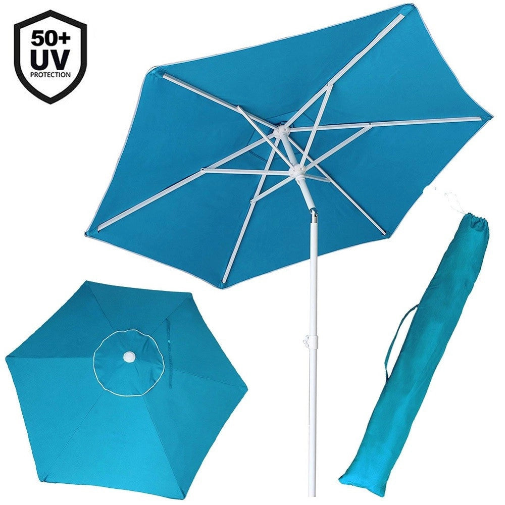 Trade Shop - Ombrellone Mare Spiaggia Giardino Acciaio Inox Grande 210cm Azzurro Con Custodia -