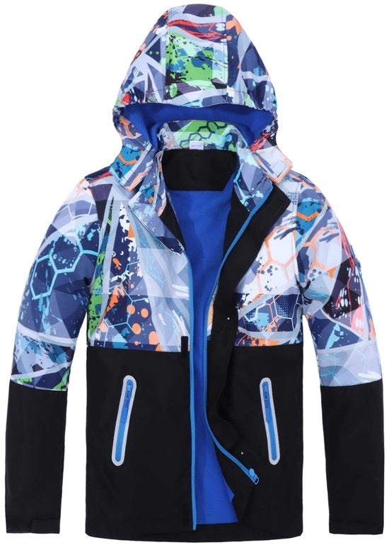Giubbotto impermeabile con cappuccio per bambini, colorblock, impermeabile, resistente al vento, leggero, dotato di imbottitura in pile.