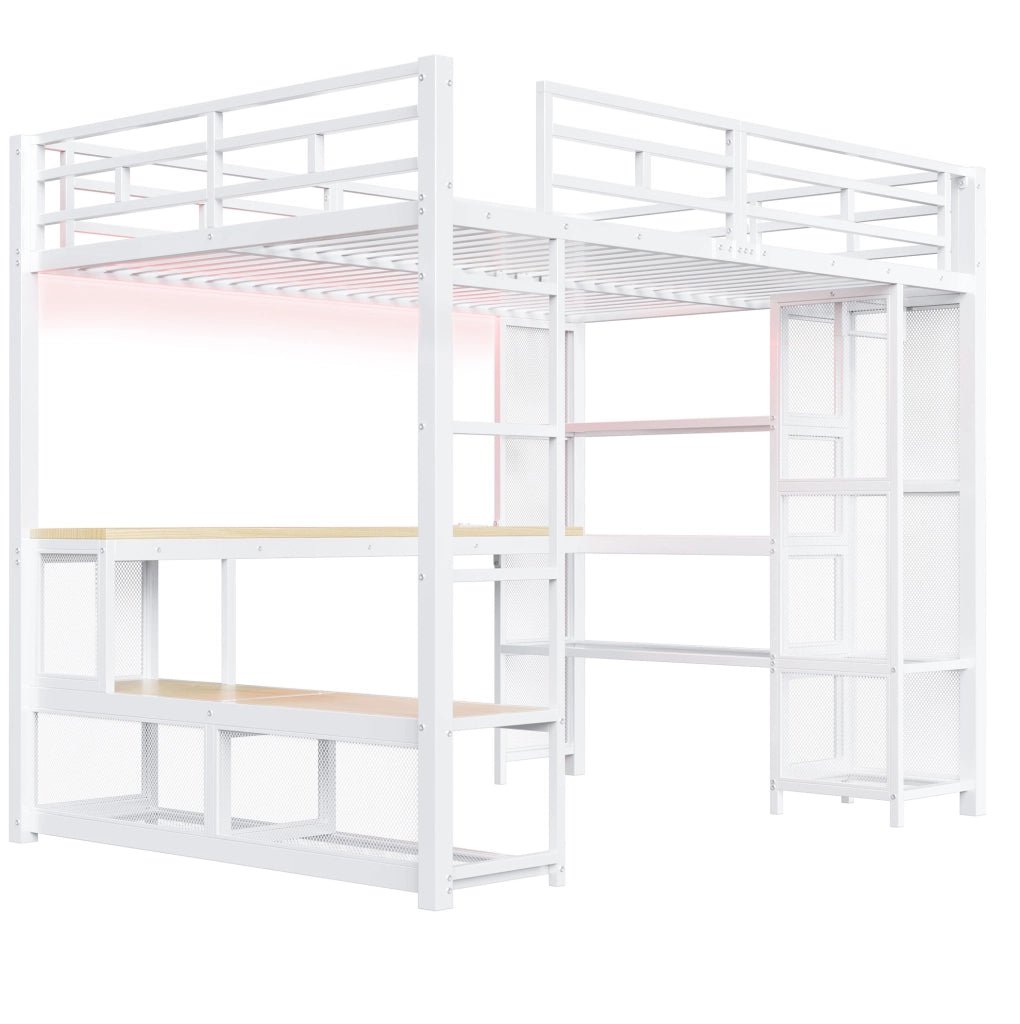 Letto a soppalco 140x200 cm con scrivania; LED e armadio aperto in metallo e MDF bianco