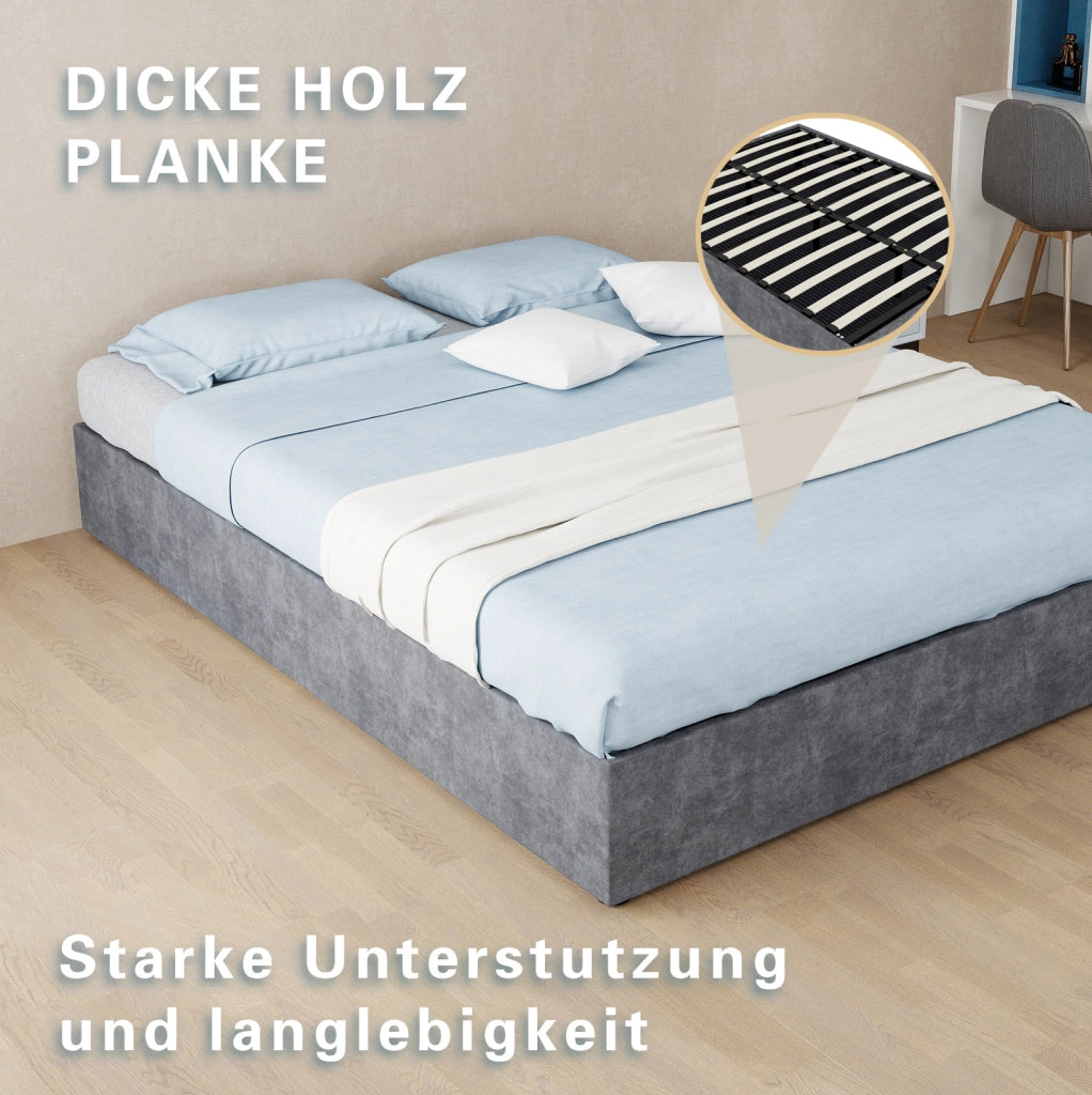 Letto con LED e schienale regolabile 140 x 200 cm in tessuto e metallo grigio