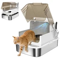Lettiera per Gatti Chiusa in Acciaio Inossidabile, con Pala, 70 x 50 x 46,5 cm, Bianco