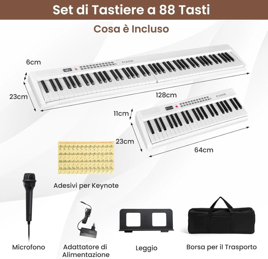 Pianoforte Elettronico Pieghevole a 88 Tasti, Piano Digitale con MIDI, 1000 Ritmi, 1000 Timbri, 150 Canzoni Demo, Registrazione, Batteria e Borsa da Trasporto per Bambini, Adulti (Bianco)