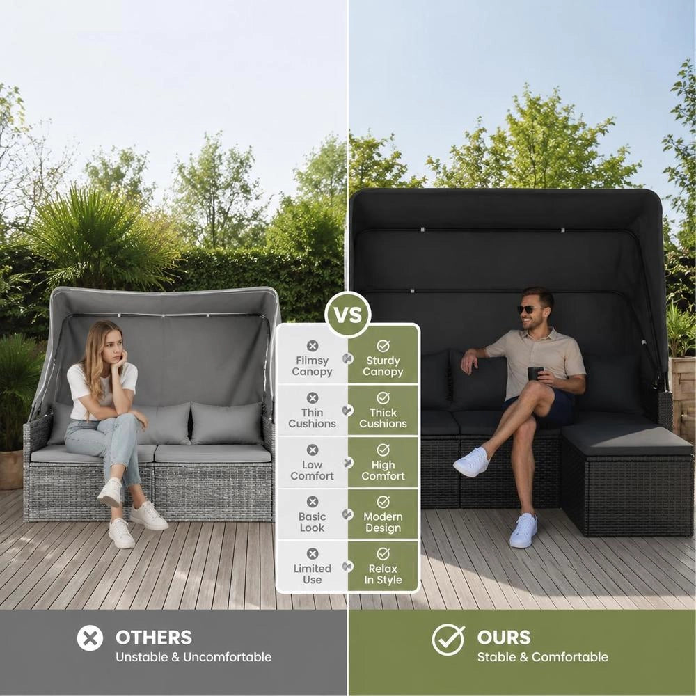 3-seater Garden Sofa With Canopy And Footstool, Black Poly Rattan