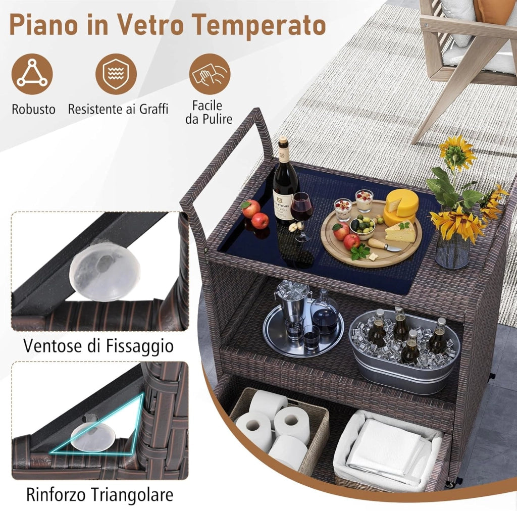 Carrello Bar in Rattan da Esterno, Tavolo Bar Mobile con Piano in Vetro Temperato, Ripiano Aperto e Cassetto Capiente, Carrello di Servizio per Patio Veranda Cortile e Giardino