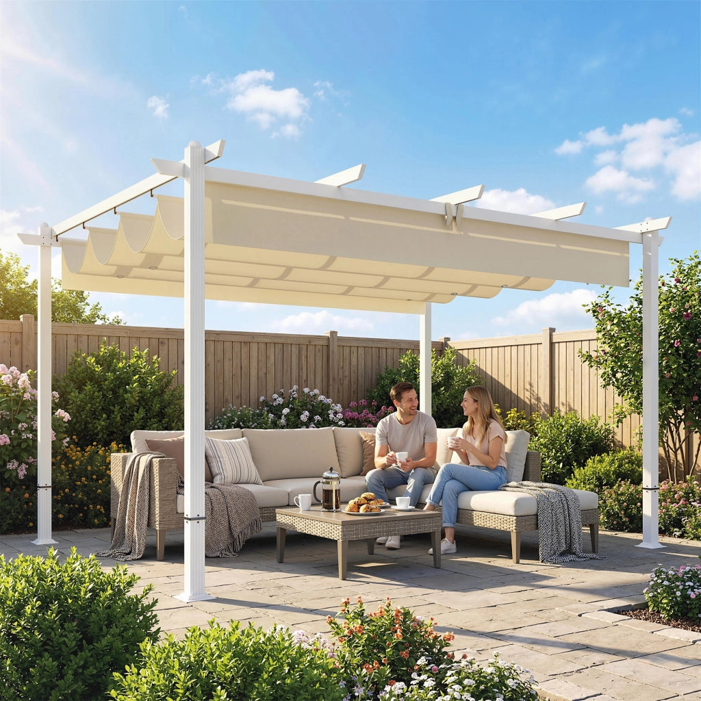 Pergola da Giardino con Tetto Rettrattile ¨C Zephmum ¨C Beige 390x297x227cm