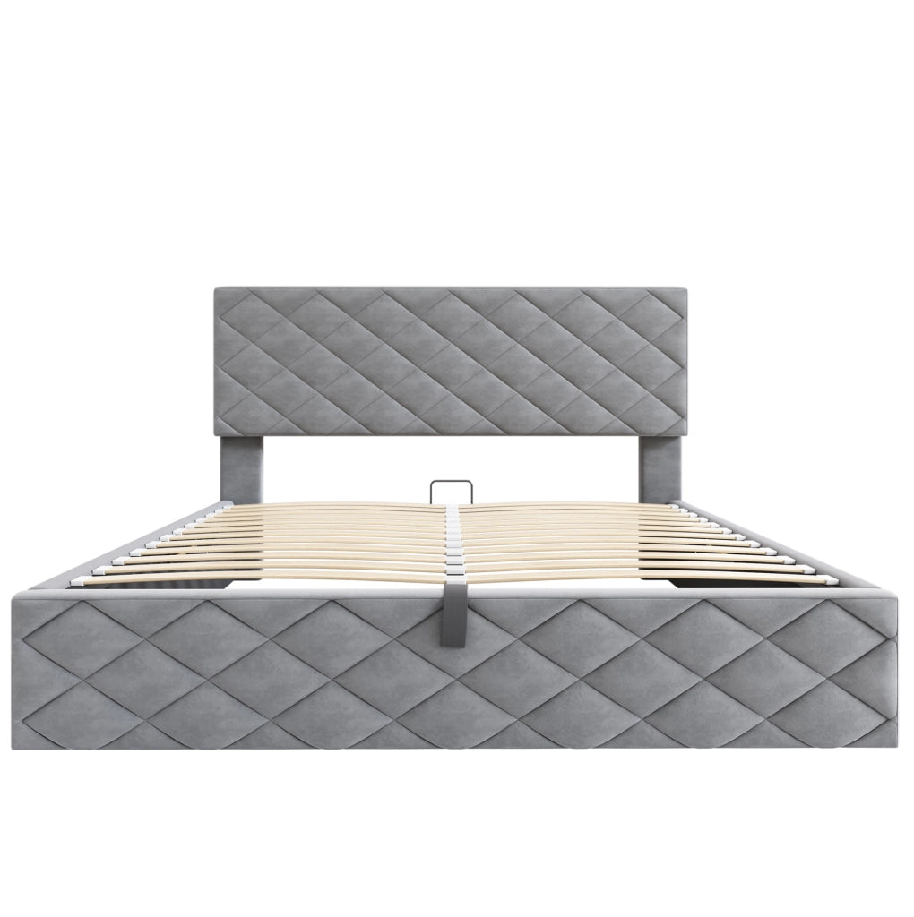 Letto imbottito matrimoniale con contenitore e sollevamento idraulico 140x200 cm; velluto grigio