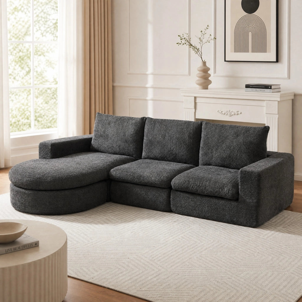 Divano modulare con chaise longue reversibile e cuscini poggiacollo senza montaggio comfort in ciniglia grigio