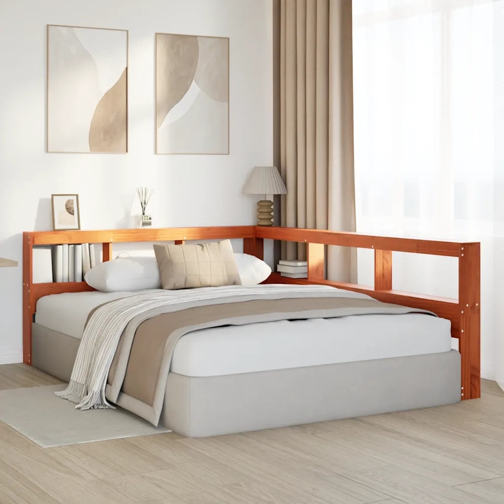 Testiera libreria a L-Testata contenitore Marrone Cera 140cm Legno Massello di Pino