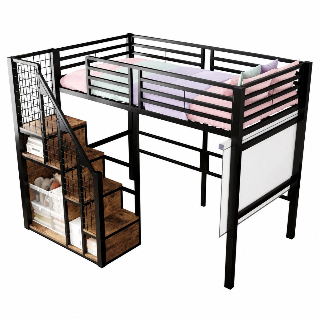 Letto a soppalco 90x200 cm con scala e contenitore in metallo nero
