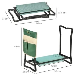 Sgabello da Giardino Pieghevole 2-in-1 con Tasca Portautensili, Imbottitura in Schiuma EVA, 58x28x49 cm