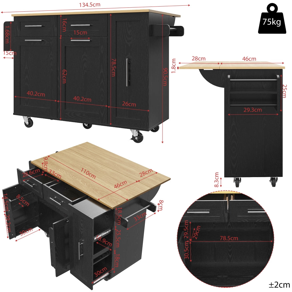 Carrello da cucina con piano ribaltabile; vani contenitore e ruote bloccabili; MDF nero; 110 x 46 x 90;5 cm