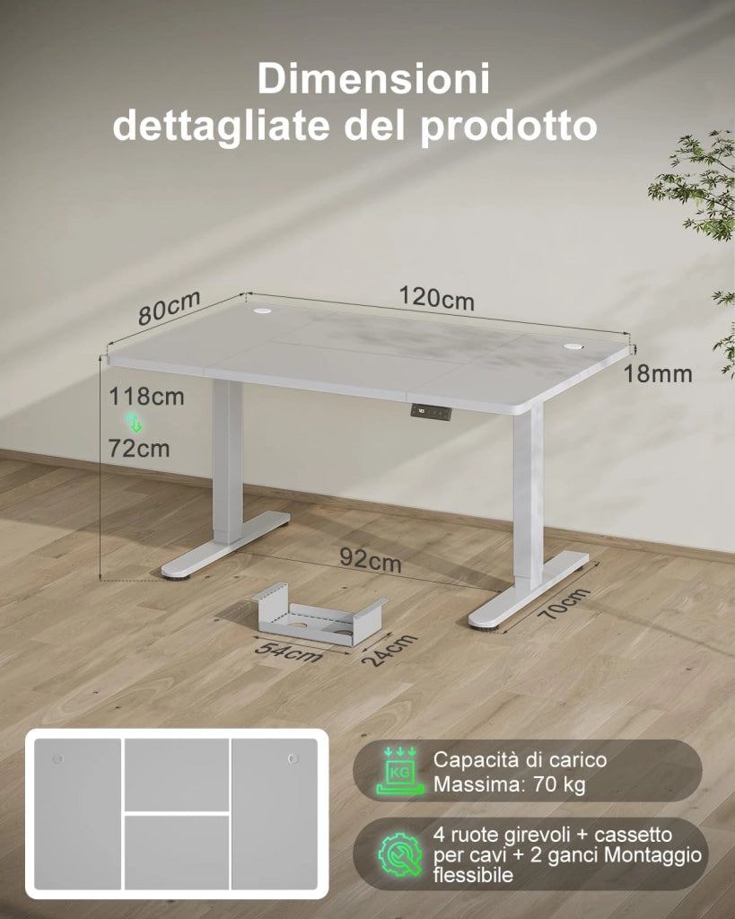 120 x 80 CM scrivania regolabile in altezza, scrivania da ufficio con quattro sezioni, scrivania per computer con funzione di memoria, Grigio