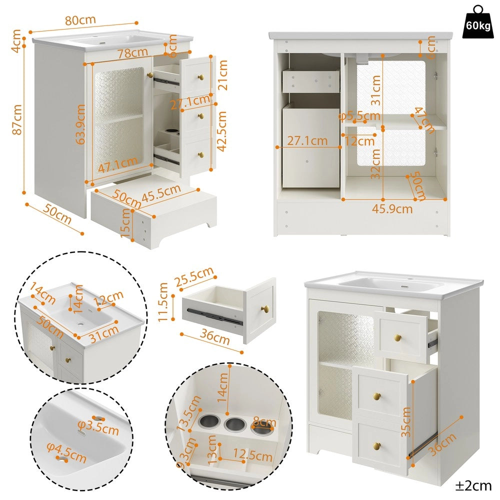 Mobile Bagno con Lavabo in Ceramica, LED e Ante a Specchio ¨C Xylo ¨C Bianco/Oro