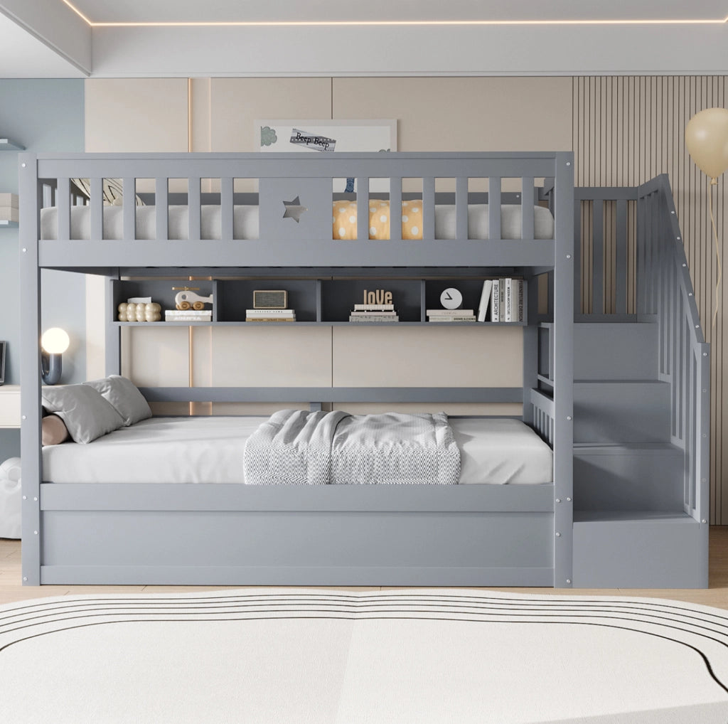 Letto a castello 90x200 cm in legno grigio con letto inferiore idraulico; ripiani e scala contenitore