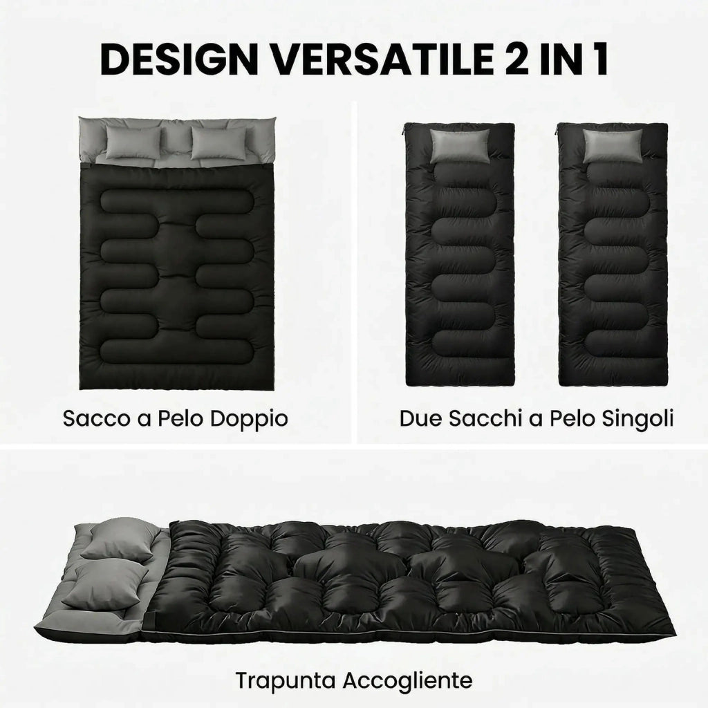 Sacco a Pelo Matrimoniale per 2 Adulti 230x165 cm con Cuscini Temperatura 0-5°C in Poliestere e Cotone Nero
