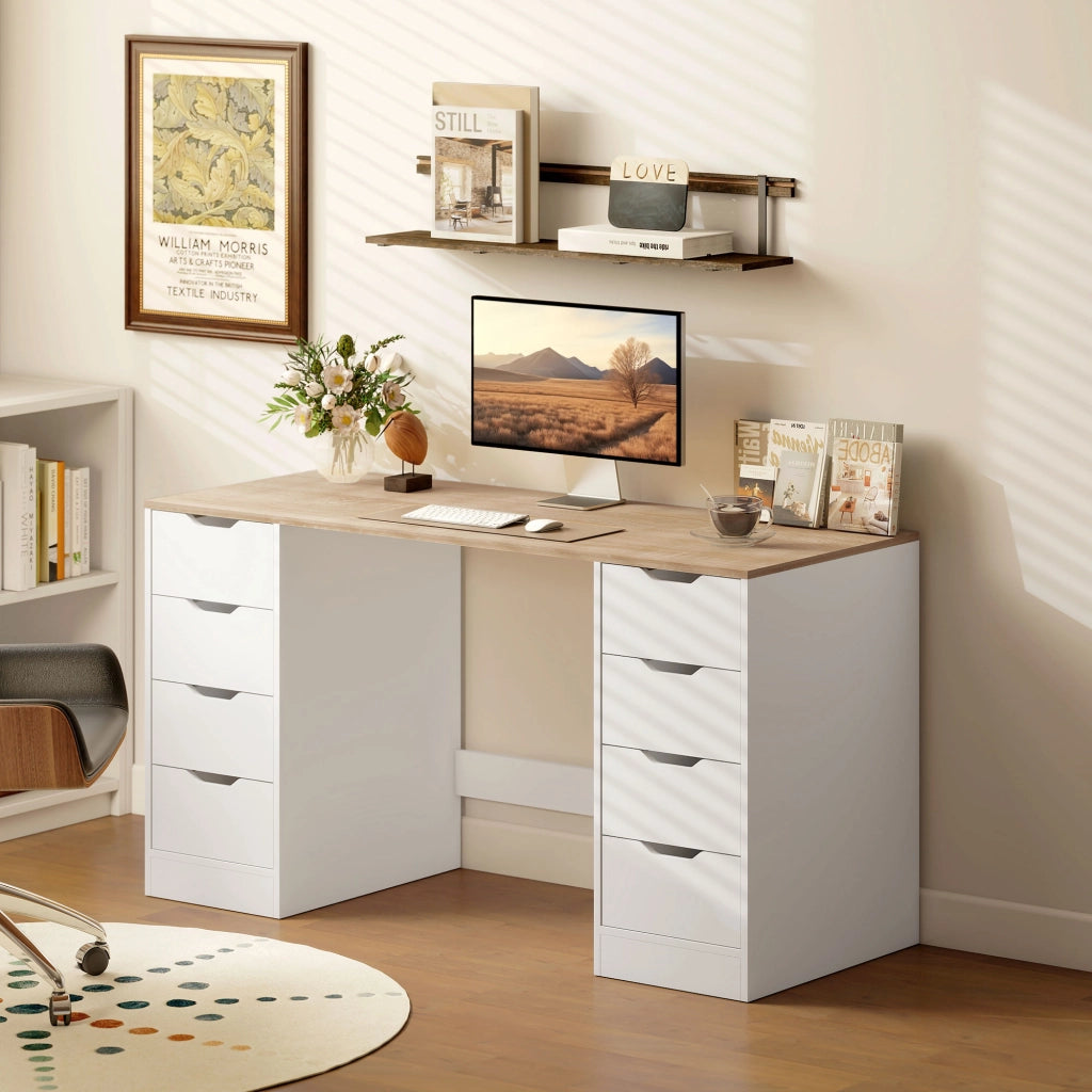 Scrivania 140 cm con 8 cassetti ¨C Xylo ¨C legno e metallo bianco per ufficio e camera