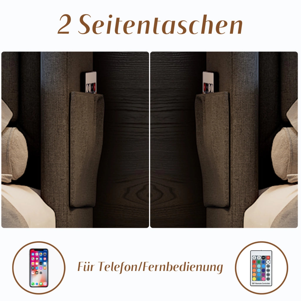 Letto matrimoniale 180x200 cm con LED; USB e USB-C; 4 cassetti e testiera con mensole; grigio