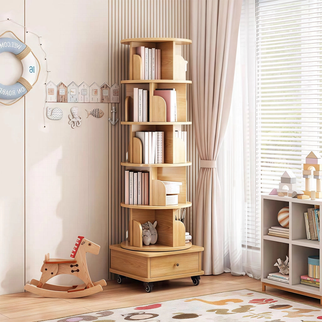 LIBRERIA Girevole 360° con cassetto e ruote 58x56x29 cm Colore legno MDF