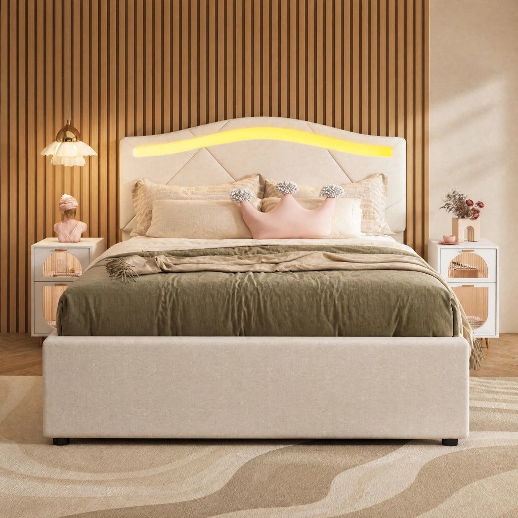 Letto imbottito 90x200 cm con rete a doghe, LED, 2 cassetti, testiera regolabile, beige