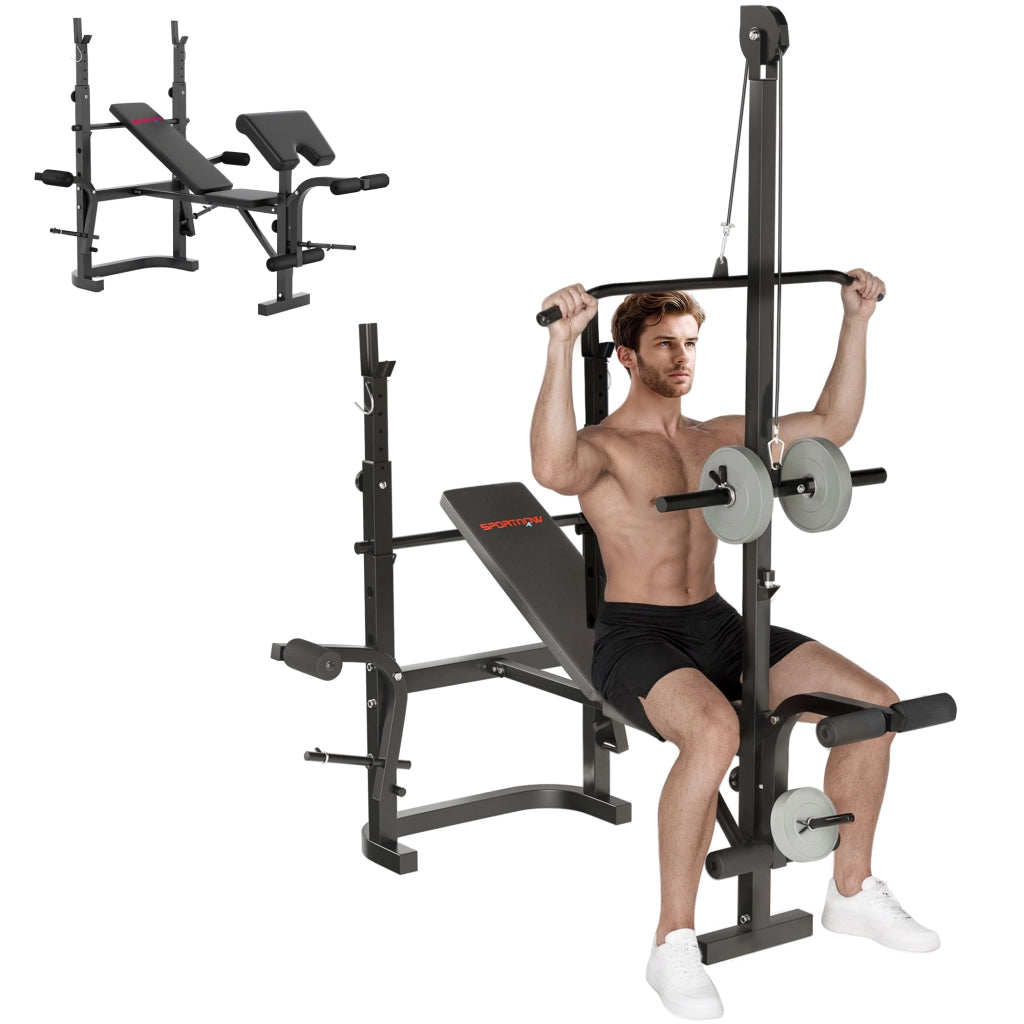 Panca Palestra Multifunzione Regolabile con Rack Bilanciere con Leg Extension, Low Row, Arm Curl, Nero