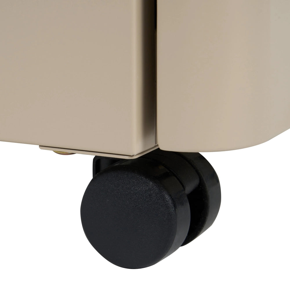 Comodino in acciaio beige con cassetto, angoli arrotondati e maniglie dorate