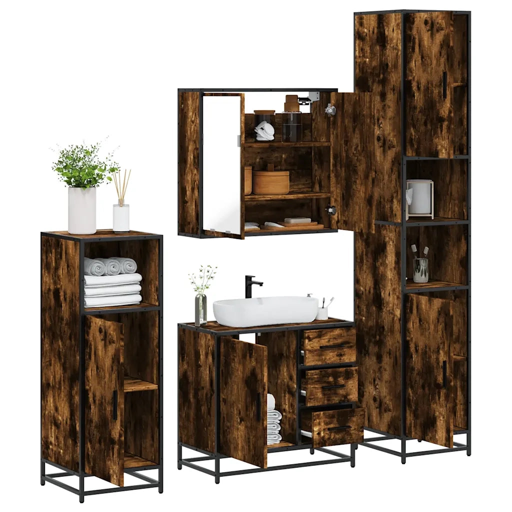 Set Mobili da Bagno 4 pz Rovere Fumo in Legno Multistrato