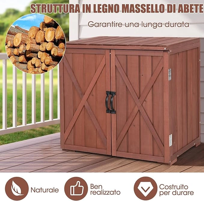 Casetta da Giardino in Legno di Abete, Capanno da Esterno con Doppie Ante Magnetiche e Comode Maniglie, Ideale per Giardino, Giardino, Fattoria e Cortile, 77 x 56 x 72 cm