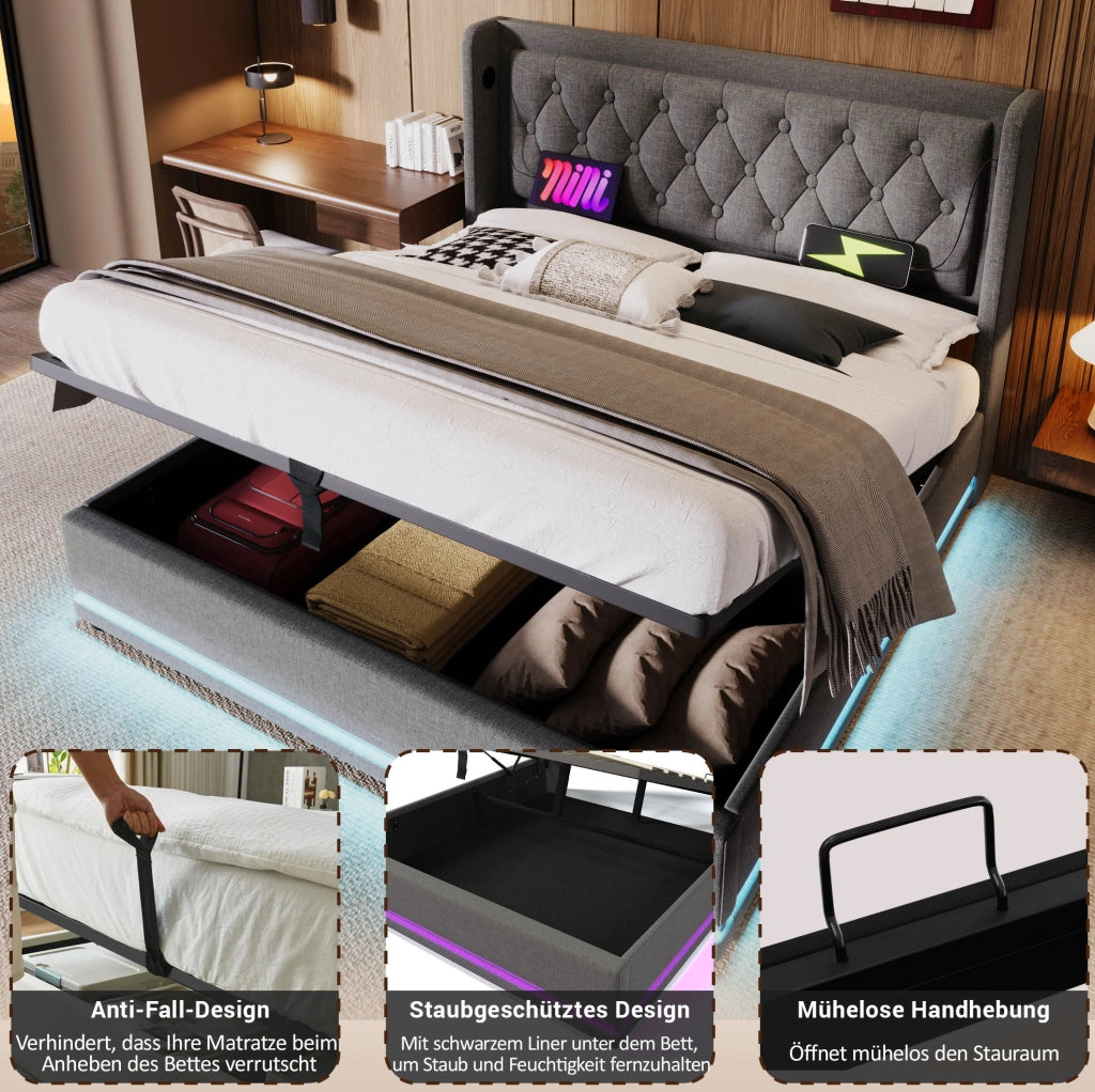 Letto contenitore 160 × 200 cm in cotone grigio con LED; USB e USB-C