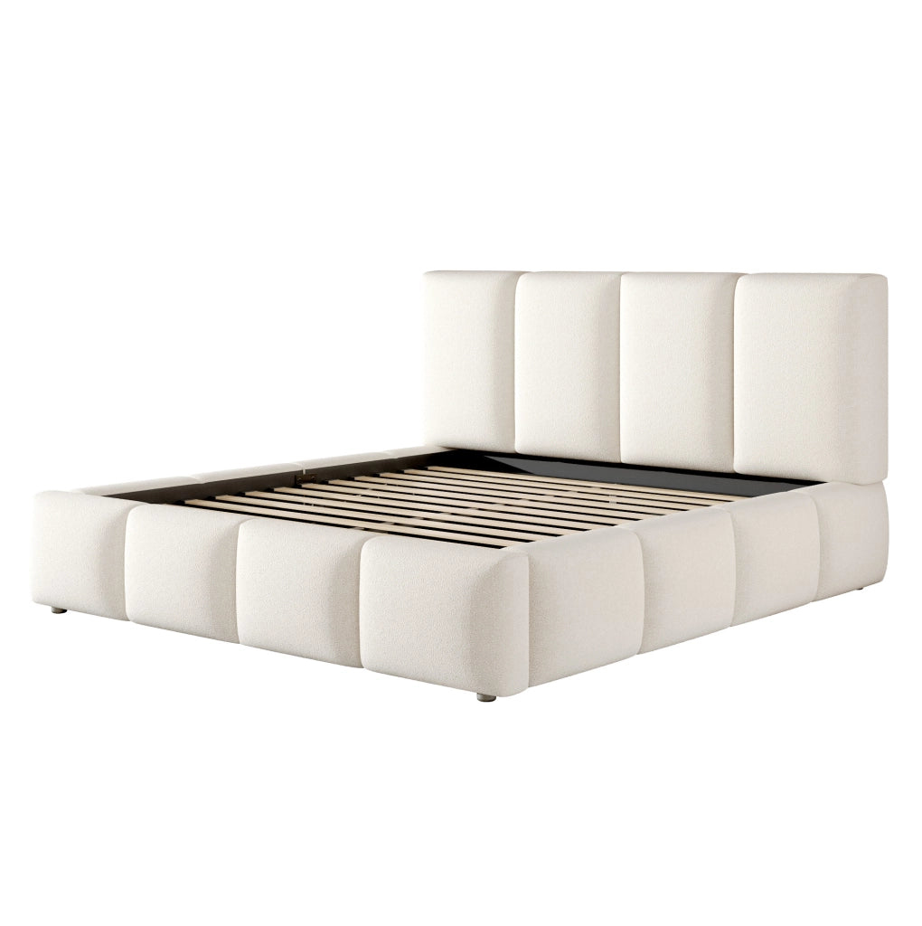 Letto matrimoniale 180x200 cm con contenitore idraulico e rete a doghe; bouclé bianco