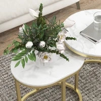 Set 2 Tavolini da Caffè con Piano Effetto Marmo, in Legno e Acciaio, Ø50x50.5 cm e 60x36x43.5 cm, Bianco
