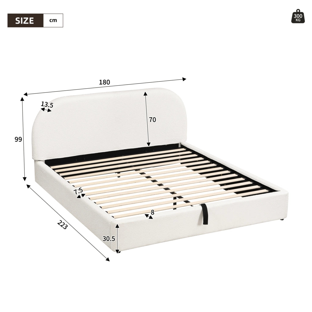 Letto imbottito 160x200 cm con contenitore idraulico e testiera bouclé beige