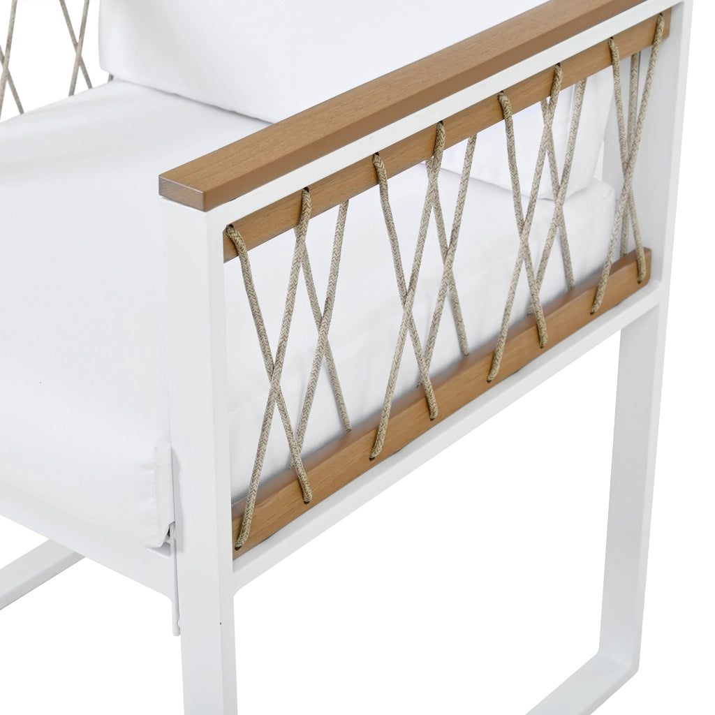 Set da pranzo da esterno 7 pezzi con tavolo quadrato 4 poltrone e 2 pouf in metallo rattan e poliestere